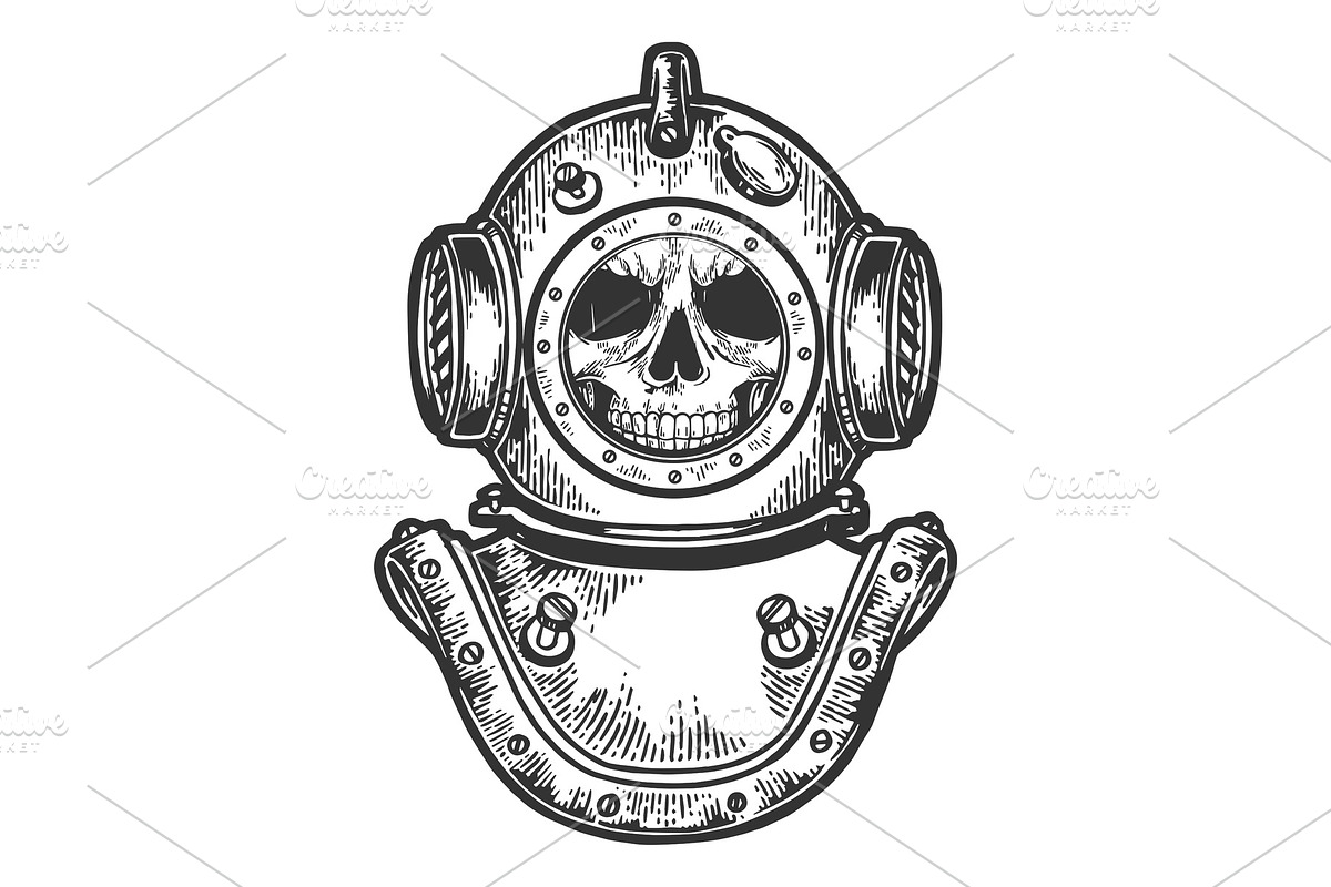 Human skull in diving helmet sketch in Objects - product preview 8