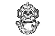 Human skull in diving helmet sketch