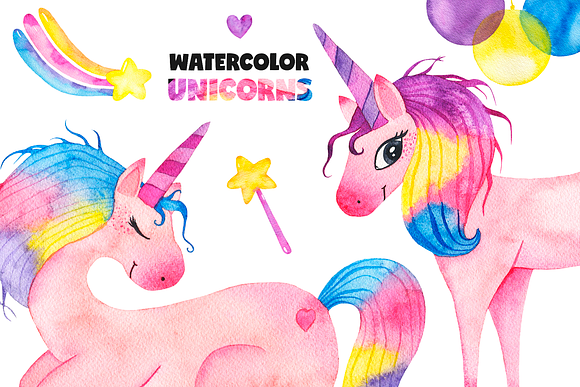 Cute watercolor unicorns collection in Illustrations - product preview 3