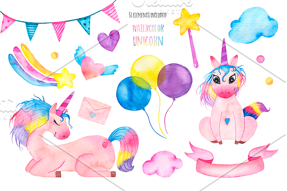 Cute watercolor unicorns collection in Illustrations - product preview 4
