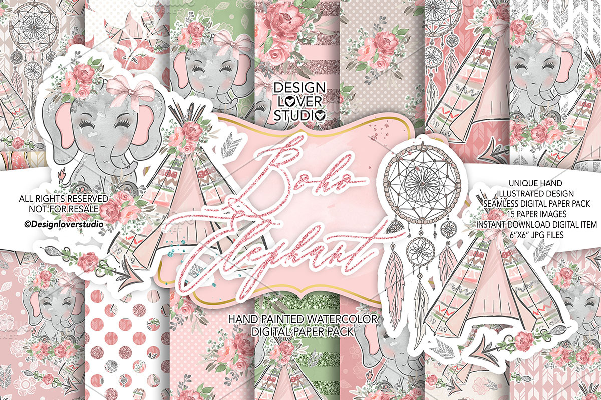 Boho Elephant Cute digital paper pac in Patterns - product preview 8