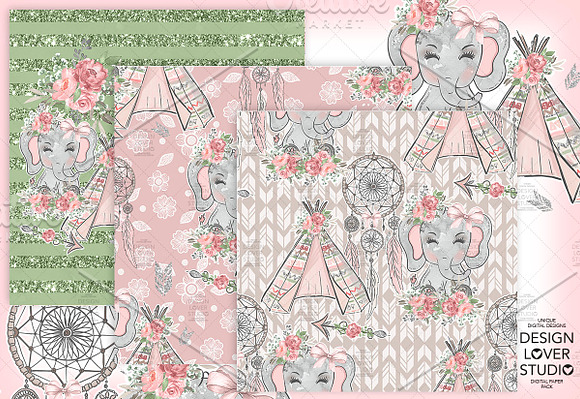 Boho Elephant Cute digital paper pac in Patterns - product preview 1
