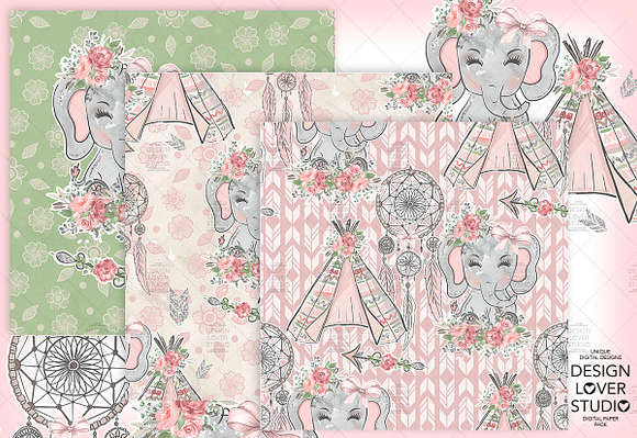 Boho Elephant Cute digital paper pac in Patterns - product preview 2