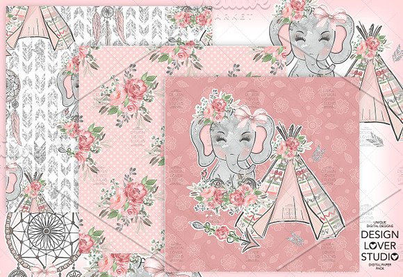 Boho Elephant Cute digital paper pac in Patterns - product preview 3
