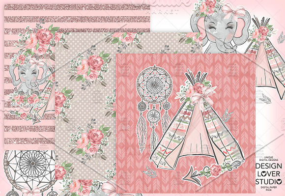 Boho Elephant Cute digital paper pac in Patterns - product preview 5