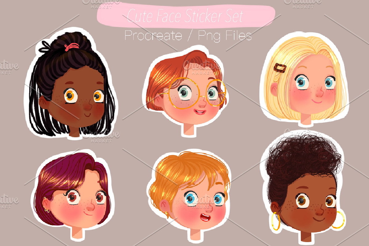 Cute Face Sticker Set Procreate Png in Illustrations - product preview 8