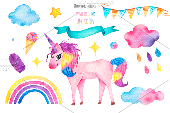 Cute watercolor unicorns collection in Illustrations - product preview 5