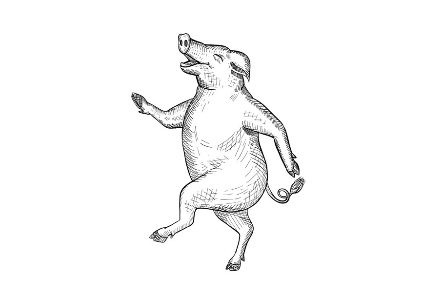 Happy Pig Dancing Drawing Retro
