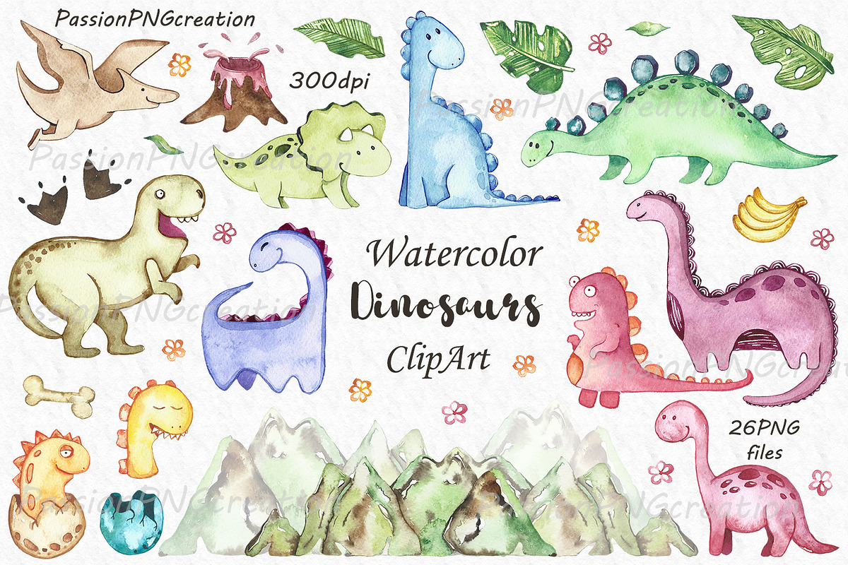 Watercolor Dinosaurs ClipArt in Illustrations - product preview 8