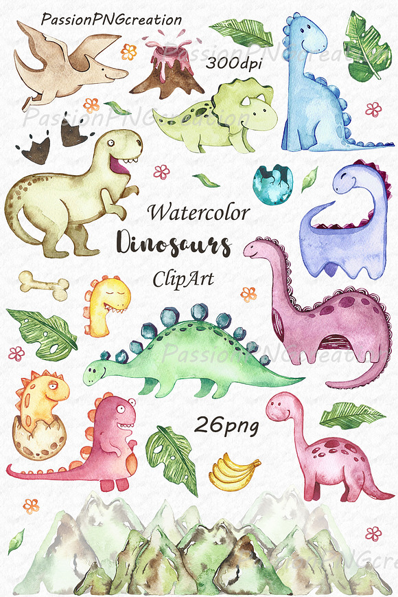 Watercolor Dinosaurs ClipArt in Illustrations - product preview 4
