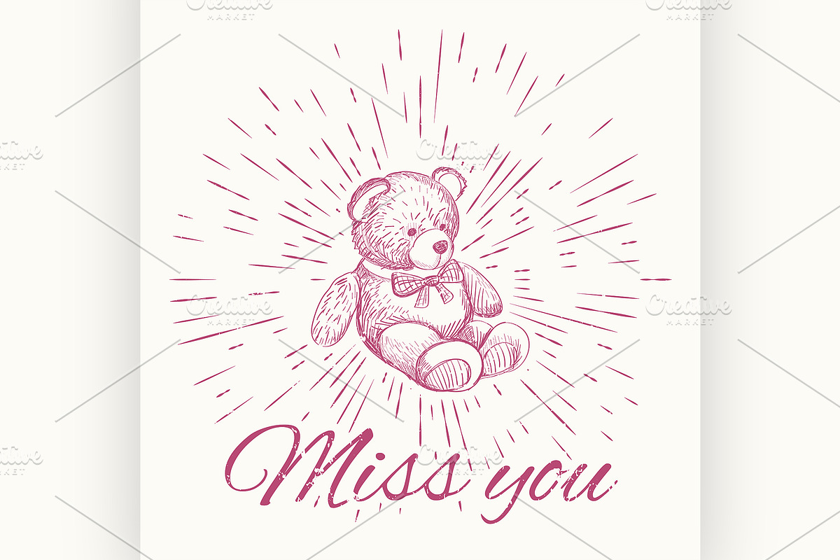 Teddy bear and vintage sun burst in Illustrations - product preview 8