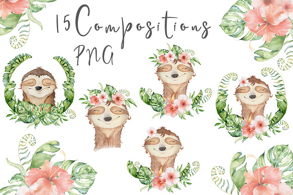Lovely Sloths Watercolor set in Illustrations - product preview 2