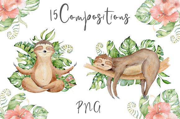 Lovely Sloths Watercolor set in Illustrations - product preview 7