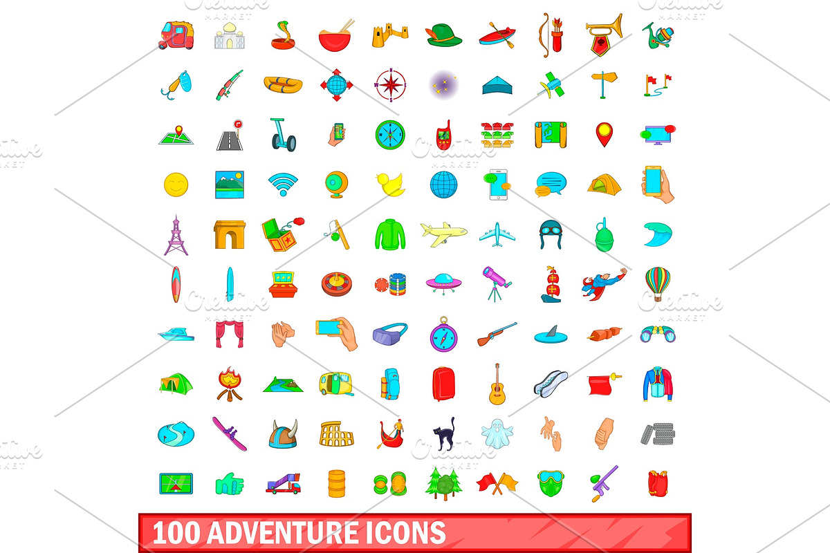 100 adventure icons set, cartoon in Illustrations - product preview 8