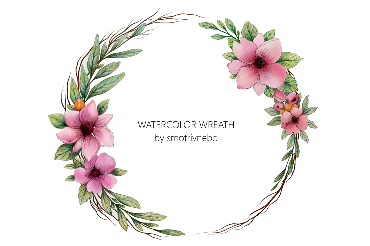 Watercolor wreath with flowers in Illustrations - product preview 8