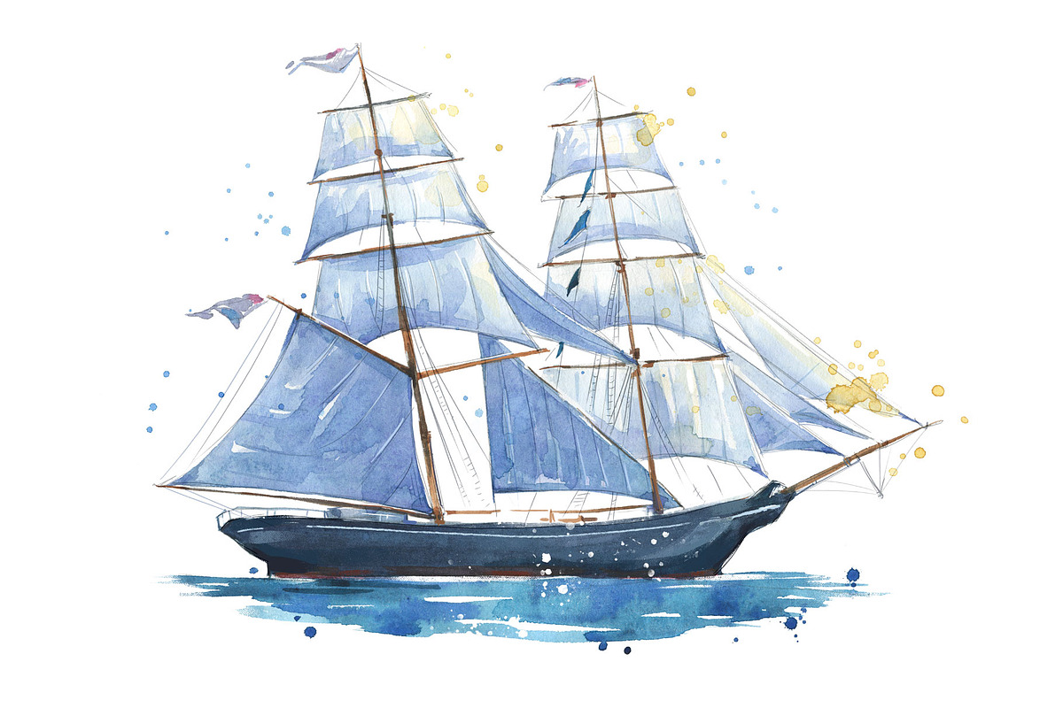 Sailing ship watercolor illustration in Illustrations - product preview 8