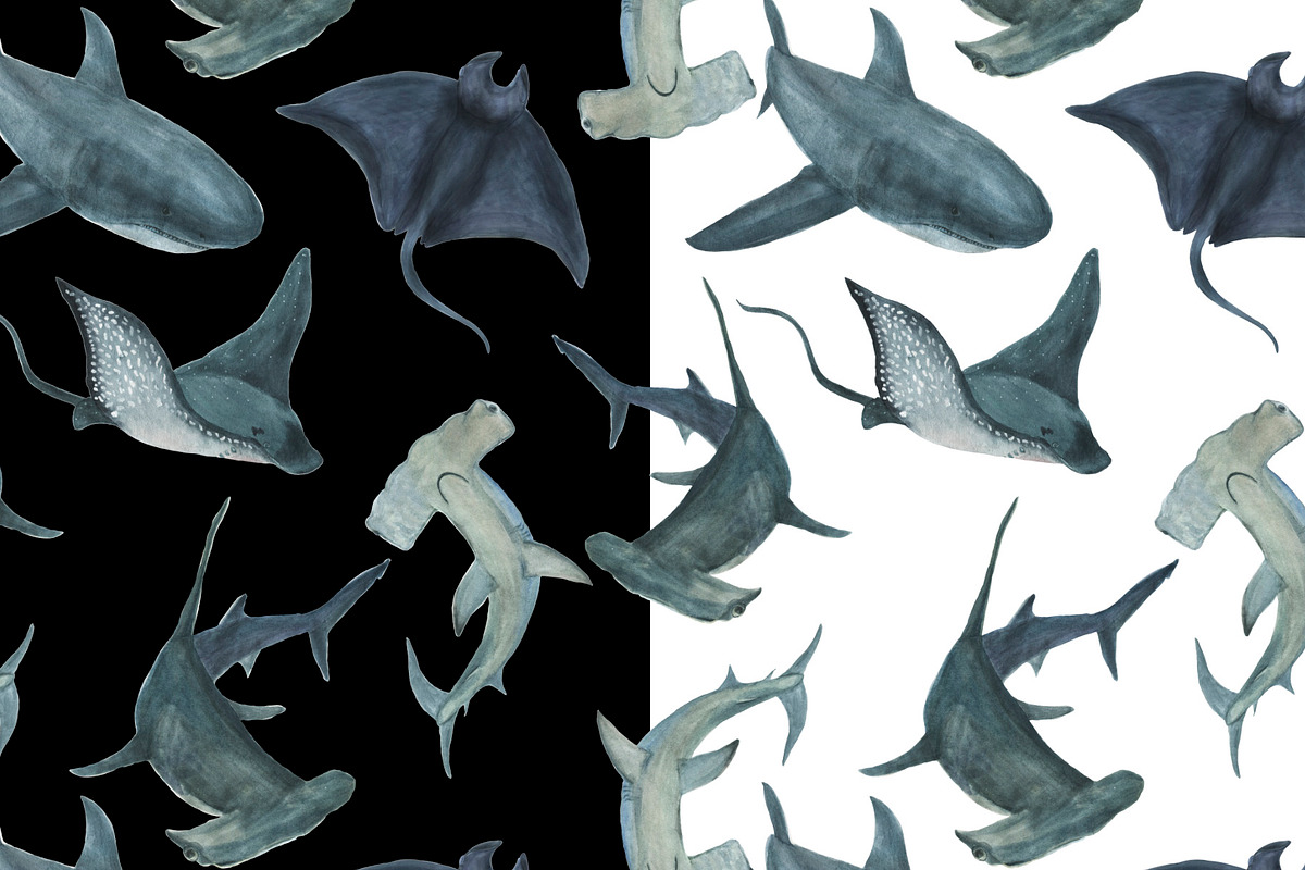 Sharks -watercolor painting patterns in Patterns - product preview 8