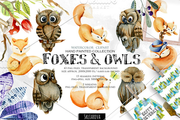 Foxes & Owls. Watercolor clipart.
