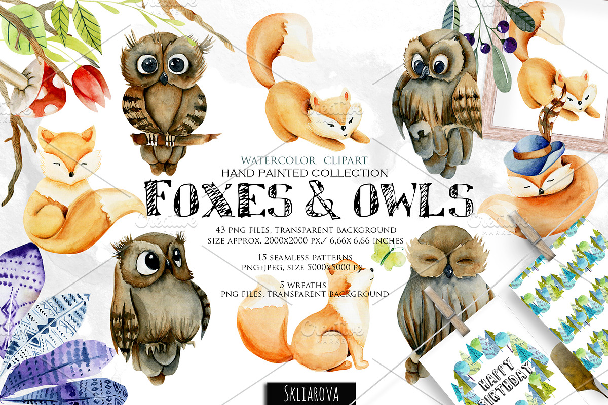 Foxes & Owls. Watercolor clipart. in Illustrations - product preview 8