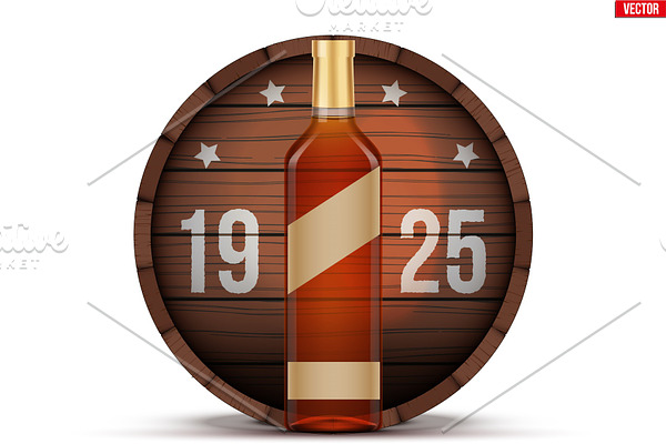 Whiskey bottle and wooden barrel