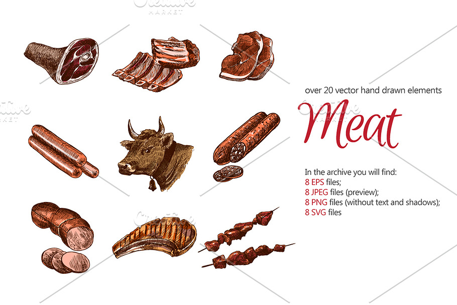 Meat Sketch Set in Illustrations - product preview 8