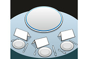 Table with dishes. Flat vector