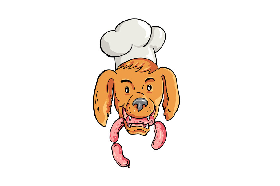 Chef Dog Biting Sausage String Carto
