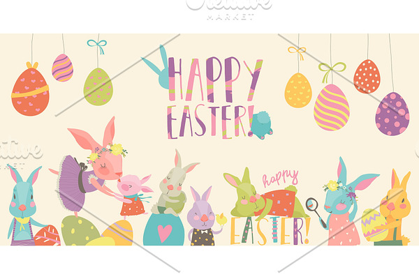 Cute rabbit and bunny with Easter