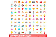100 advertising icons set, cartoon