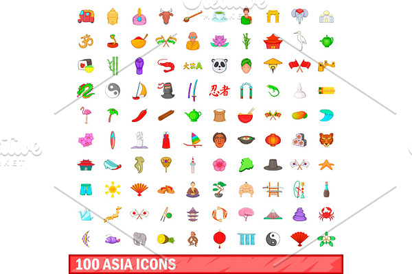 100 Asia icons set, cartoon style