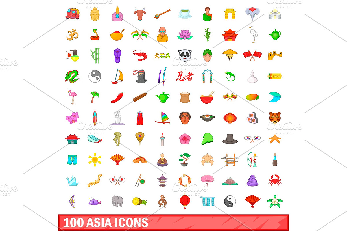 100 Asia icons set, cartoon style in Illustrations - product preview 8