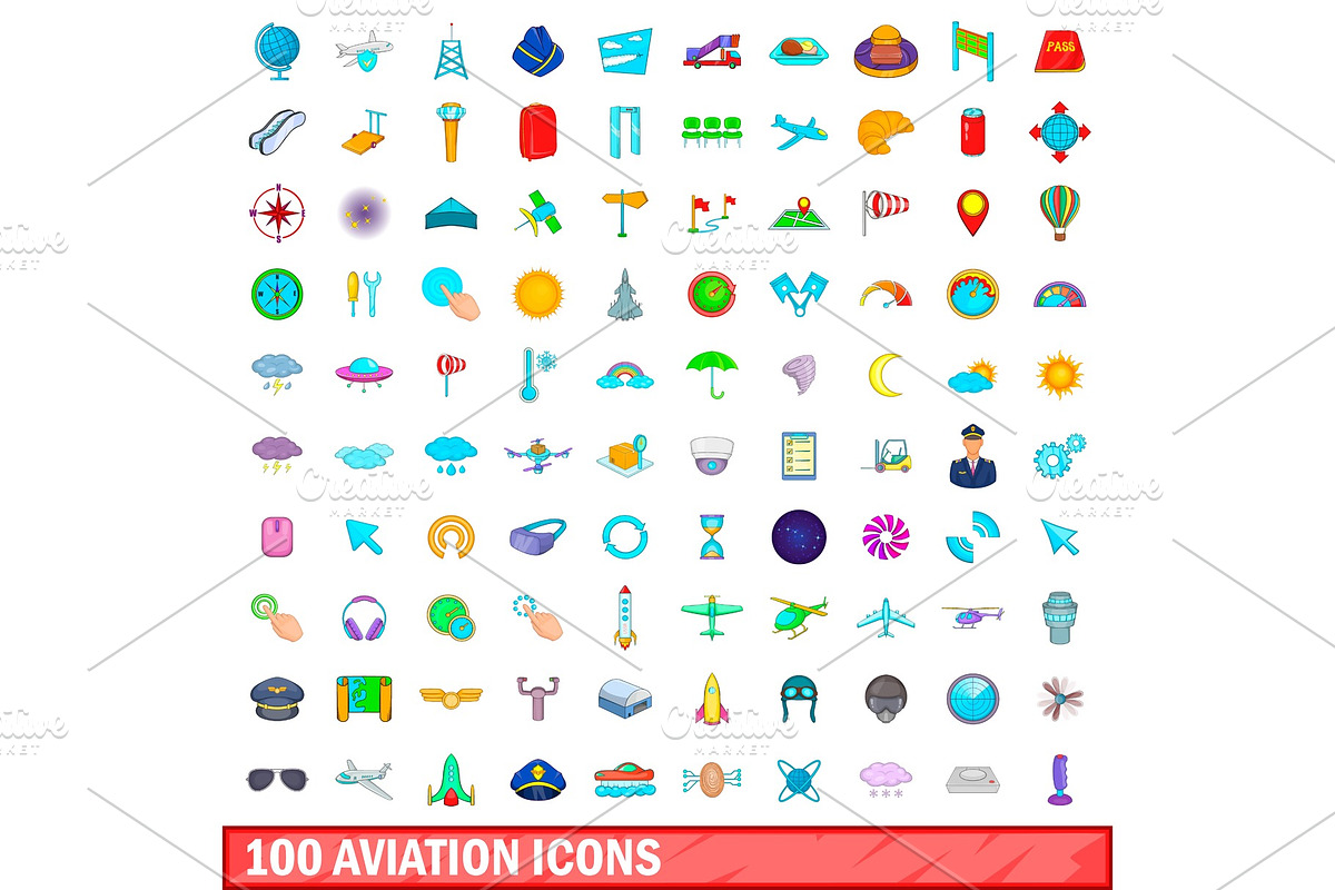 100 aviation icons set, cartoon in Objects - product preview 8