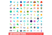 100 aviation icons set, cartoon