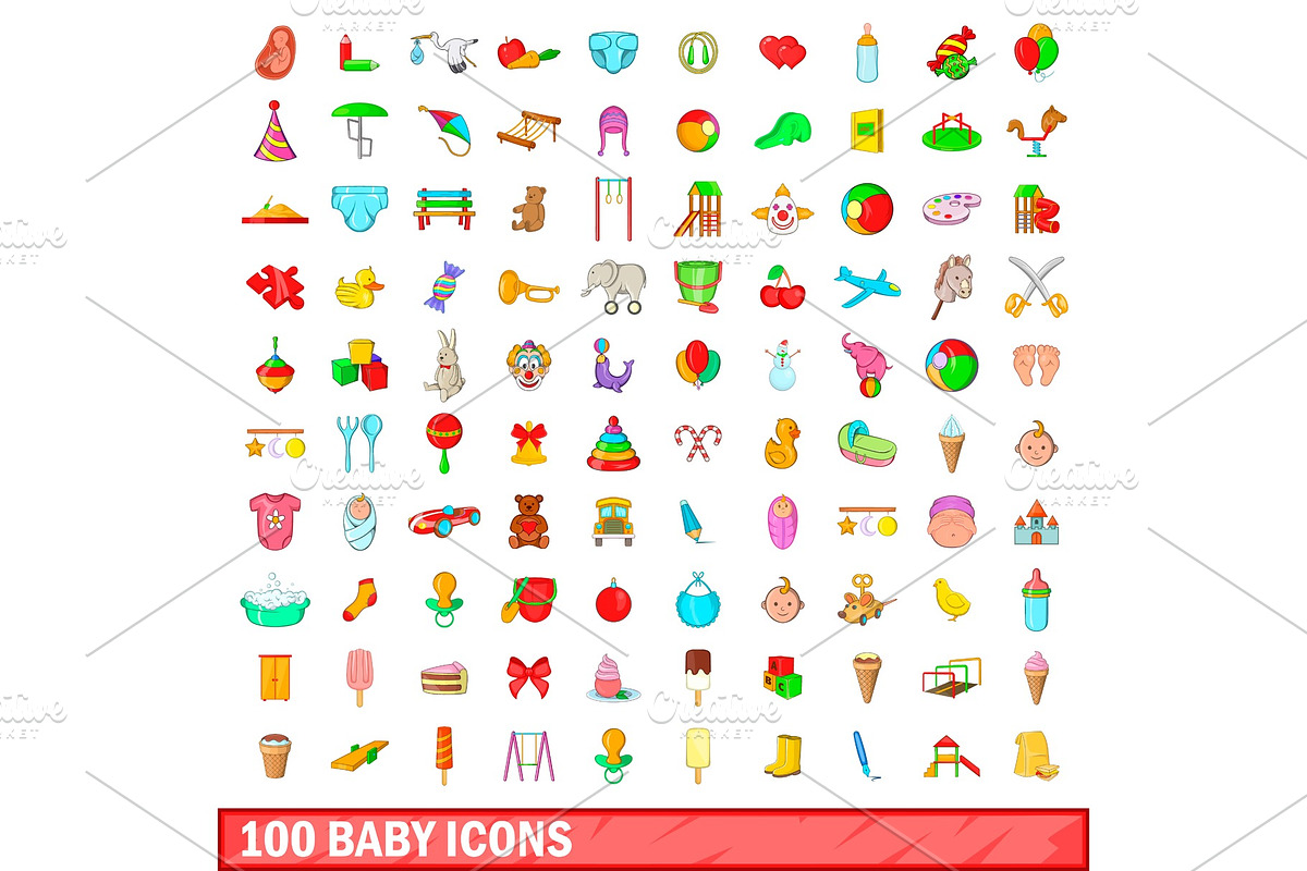 100 baby icons set, cartoon style in Illustrations - product preview 8