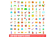 100 bad habits icons set, cartoon
