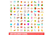 100 children icons set, cartoon