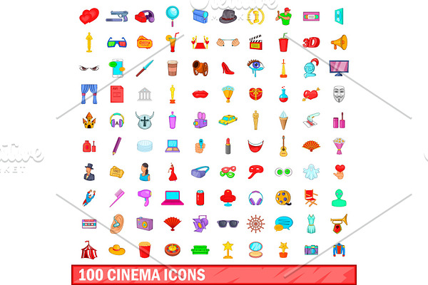 100 cinema icons set, cartoon style