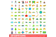 100 earth icons set, cartoon style
