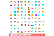 100 engineering icons set, cartoon