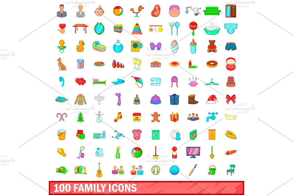 100 family icons set, cartoon style in Illustrations - product preview 8