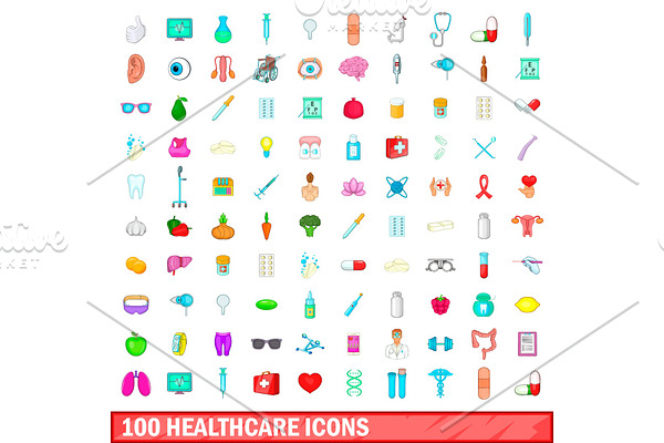 100 healthcare icons set, cartoon