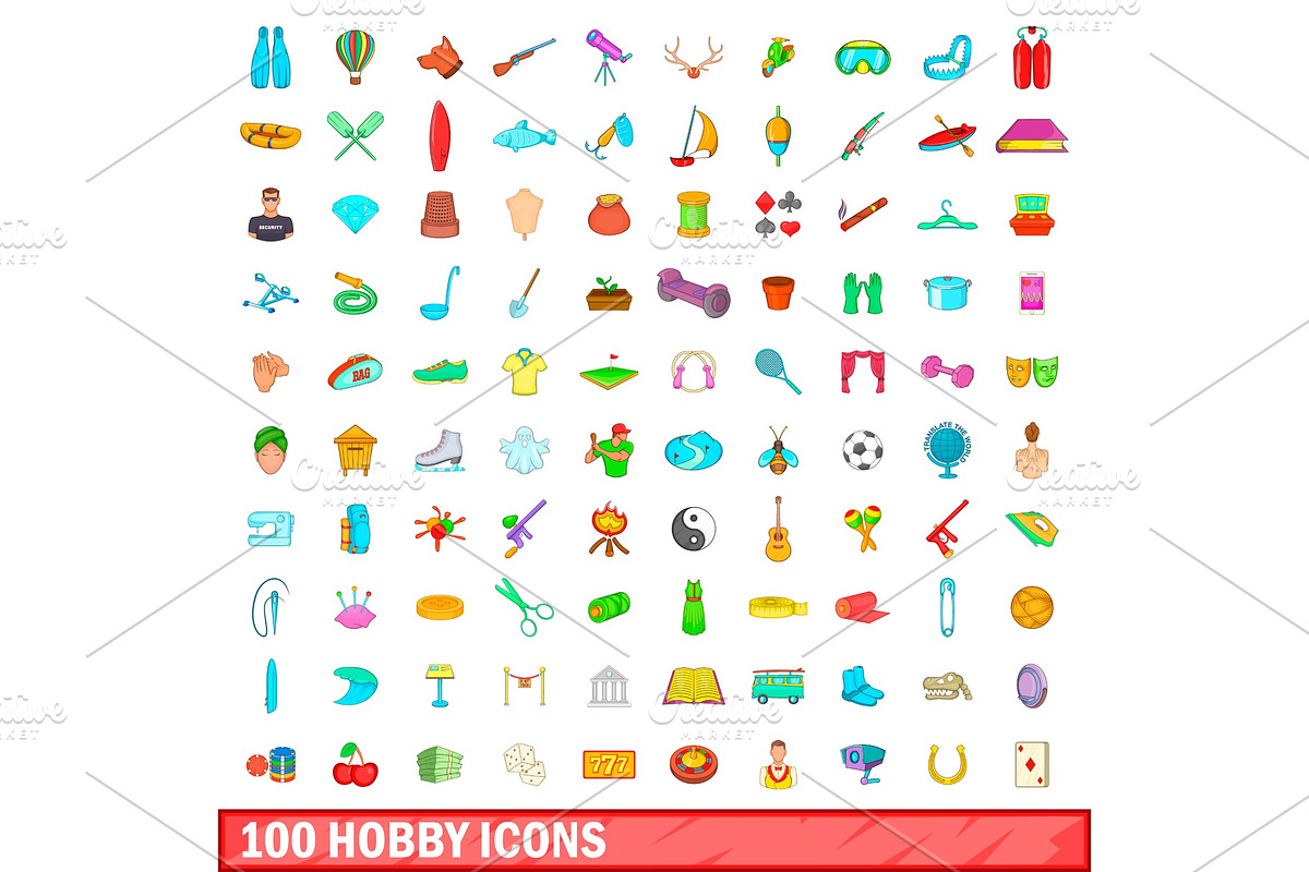 100 hobby icons set, cartoon style in Objects - product preview 8