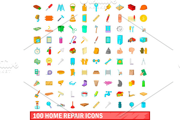 100 home repair icons set, cartoon