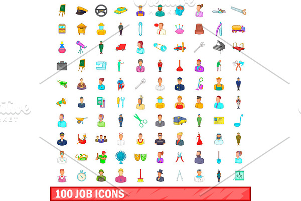 100 job icons set, cartoon style