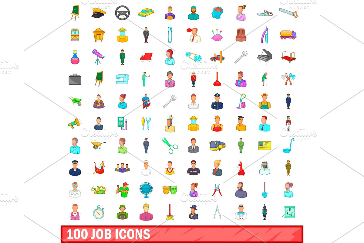 100 job icons set, cartoon style in Illustrations - product preview 8
