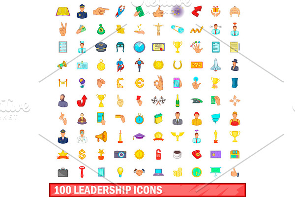 100 leadership icons set, cartoon
