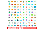 100 logistics icons set, cartoon