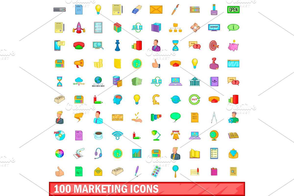 100 marketing icons set, cartoon in Illustrations - product preview 8