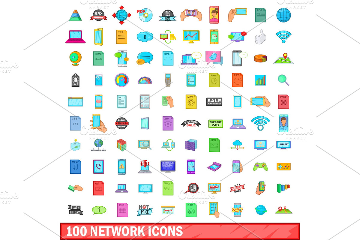 100 network icons set, cartoon style in Illustrations - product preview 8