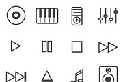 Music icons over white background.